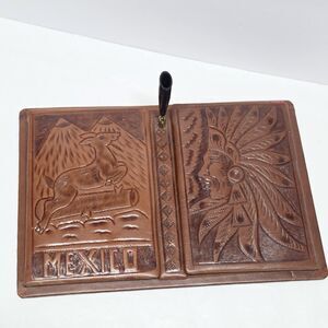 VTG Mexico Hand Tooled Brown Leather Aztec Desktop Folio Organizer Pen Holder